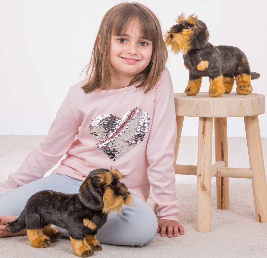 Een meisje zit op de vloer met een schattige speelgoed teckel en een echte teckel knuffel op een stoel naast haar.