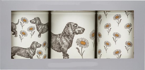 Set van drie voorraadblikken met afbeeldingen van teckels en een bloemenpatroon.