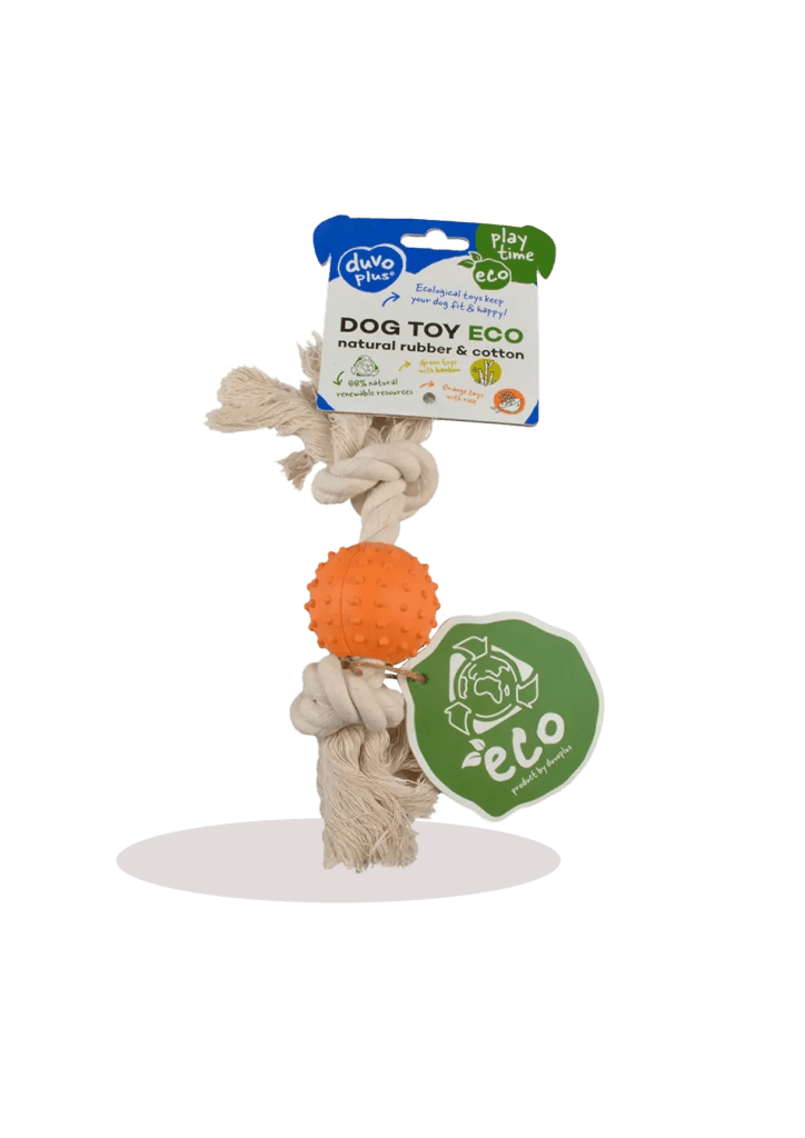 Speelgoed voor honden gemaakt van natuurlijke rubber en katoen, met een oranje bal en een touw voor plezier en activiteit.