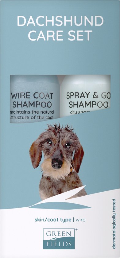 Verzorgingsset voor teckels met shampoo en spray, ontworpen voor de verzorging van draadhaar.