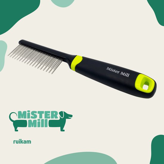 Hondenkam van Mister Mill, ontworpen voor het verwijderen van klitten en losse haren met een comfortabele grip.