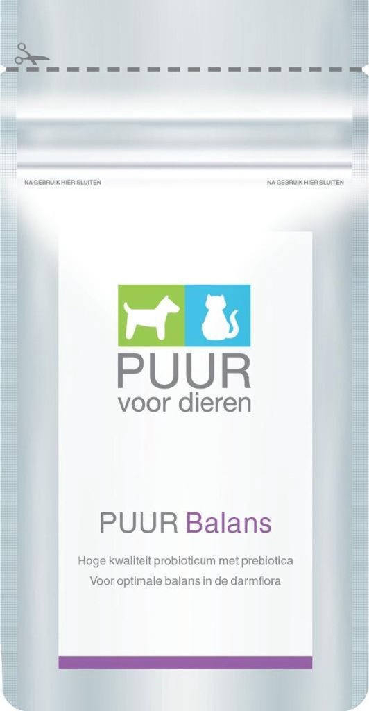 Voedingssupplementen voor honden met de naam 'PUUR Balans', met een verpakking die de kwaliteit en voordelen van probiotica benadrukt.